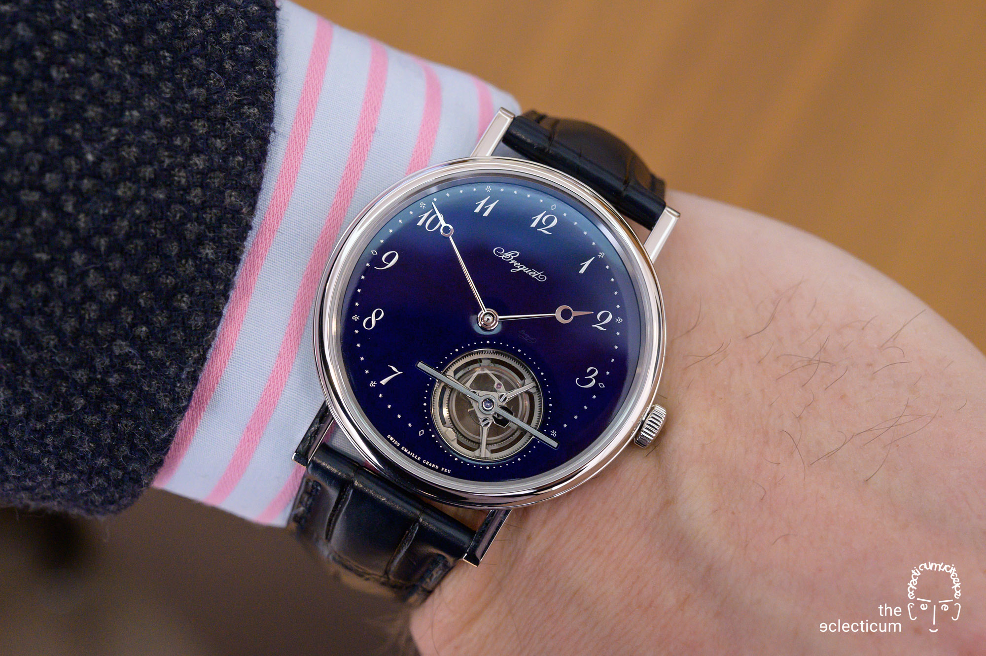 Breguet Classique Tourbillon Extra-Plat Blue Ref. 5367PT Grand Feu Enamel wristshot