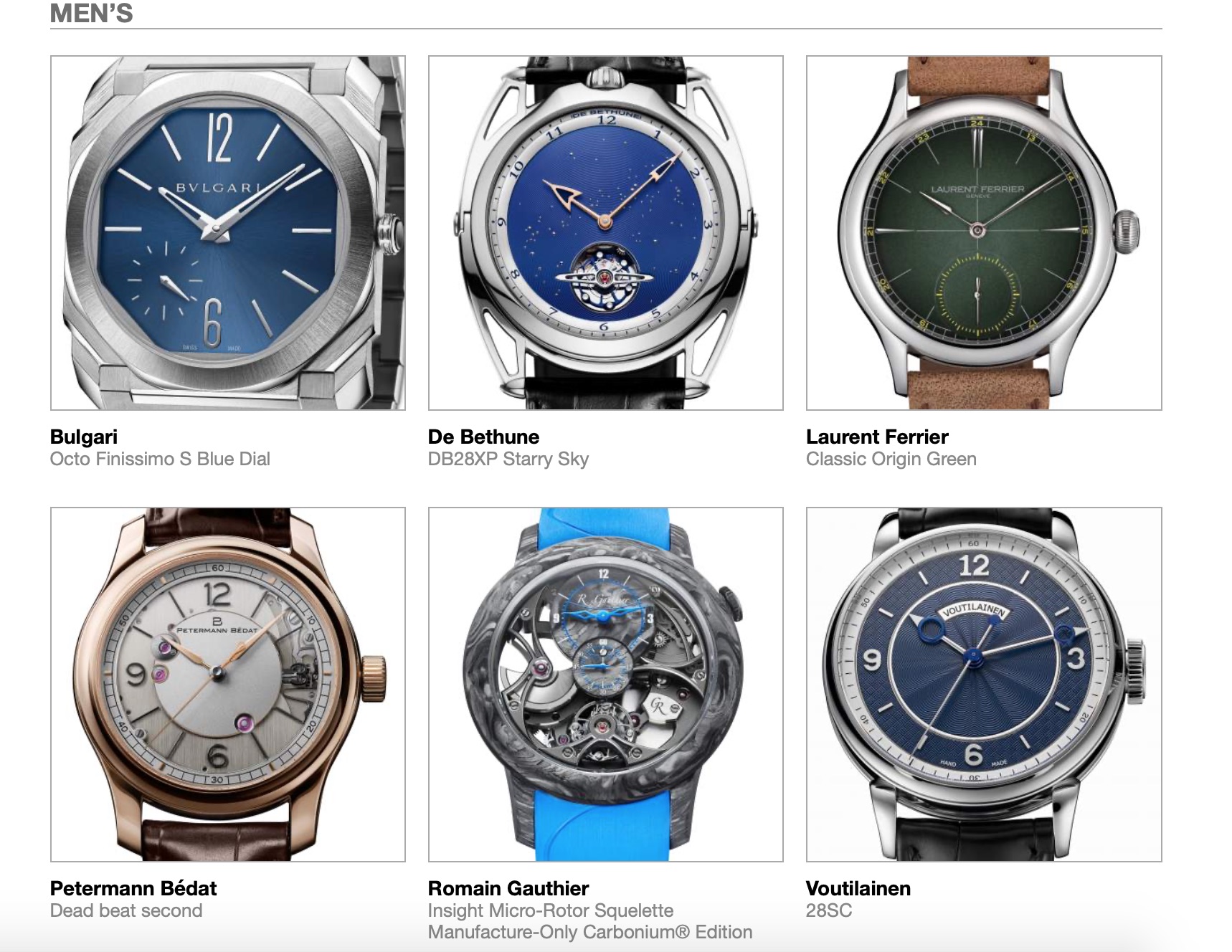 Grand Prix d'Horlogerie de Genève GPHG Academy Nominated Watches 2020 Mens